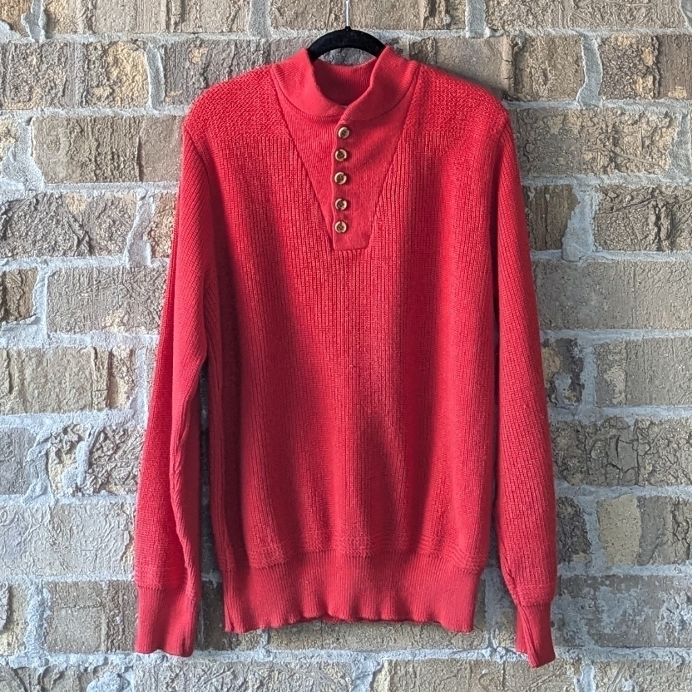 VTG 80s Red 100% Cotton Knit Henley Sweater Size Large